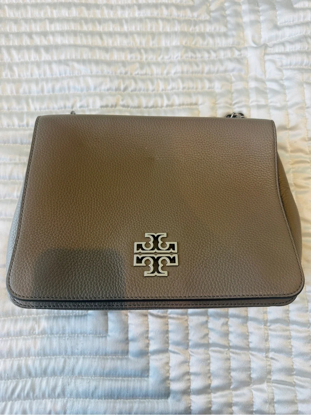 Tory Burch Pebbled Taupe Shoulder Bag with Logo
